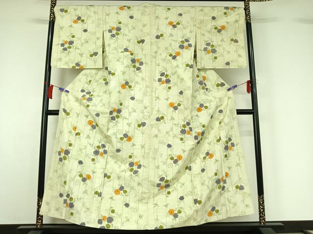平和屋着物▽上質な紬 単衣 草花文 正絹 逸品 AABH5702jh