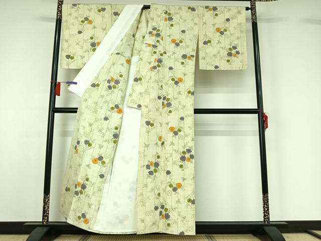 平和屋着物▽上質な紬 単衣 草花文 正絹 逸品 AABH5702jh