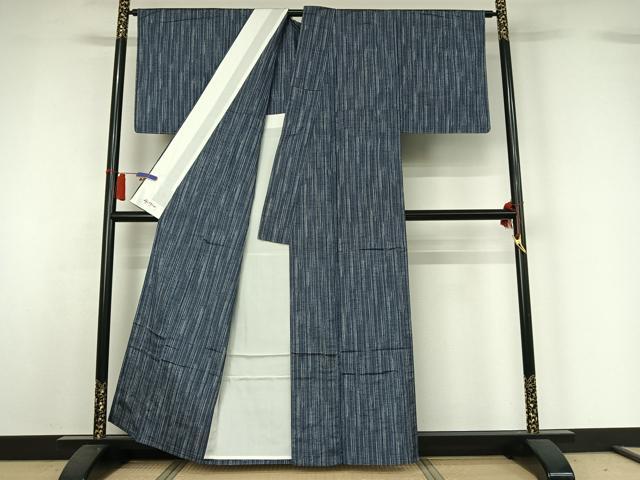 平和屋着物▽上質な紬 単衣 縞 やまと誂製 正絹 逸品 AABH5712jh