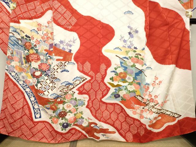 平和屋着物●豪華振袖 友禅 駒刺繍 御所車花文 金彩 京王百貨店扱い 正絹 逸品 AABH5765ck