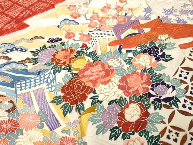 平和屋着物●豪華振袖 友禅 駒刺繍 御所車花文 金彩 京王百貨店扱い 正絹 逸品 AABH5765ck