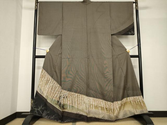 平和屋着物●本場大島紬　訪問着　絞り　枝垂れ桜　金彩　正絹　逸品　未使用　AABH5785ck 平和屋着物○本場大島紬 訪問着 絞り 枝垂れ桜 金彩 正絹 逸品 未使用
