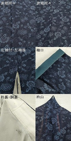 平和屋着物●上質な小紋 紬地 型染め 藍 花唐草文 正絹 逸品 AABH5786ck