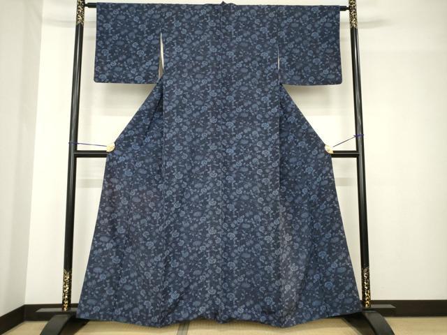 平和屋着物●上質な小紋 紬地 型染め 藍 花唐草文 正絹 逸品 AABH5786ck