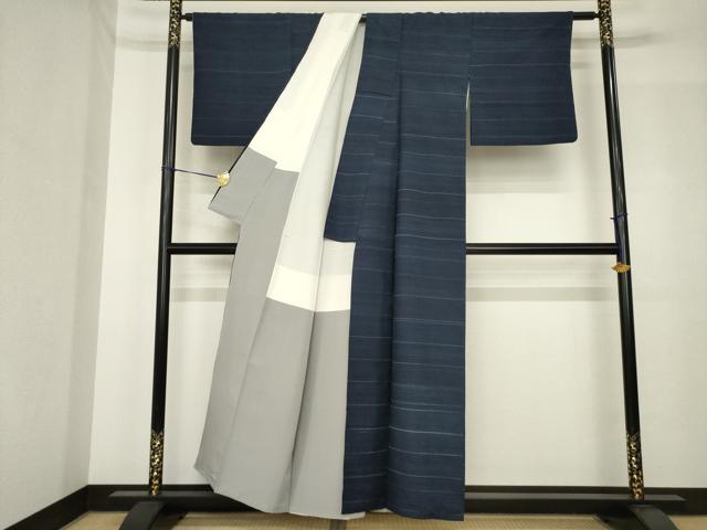 平和屋着物●極上 紬 横段文 正絹 逸品 AABH5790ck