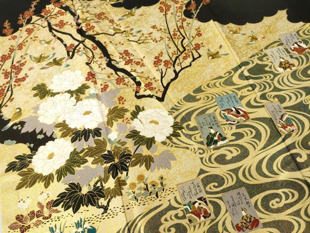 平和屋着物●松尾光琳 黒留袖 駒刺繍 花鳥文 百人一首 金彩 正絹 逸品 AABH5795ck