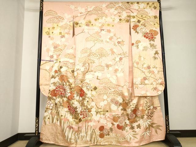平和屋着物●十日町老舗ブランド 吉澤友禅 吾妻徳穂 振袖 枝花文 金彩 伊勢丹扱い 正絹 逸品 AABH5799ck