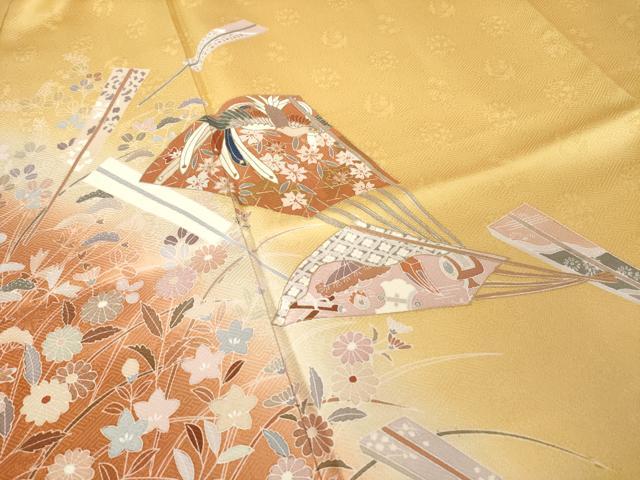 平和屋着物●訪問着 友禅 駒刺繍 扇面花蝶文 暈し染め 金彩 正絹 逸品 AABH5832ck