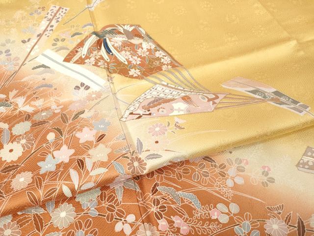 平和屋着物●訪問着 友禅 駒刺繍 扇面花蝶文 暈し染め 金彩 正絹 逸品 AABH5832ck