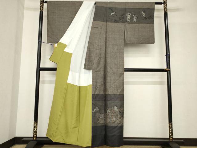 平和屋着物●本場大島紬 染大島 訪問着 鳥獣戯画 正絹 逸品 AABH5836ck