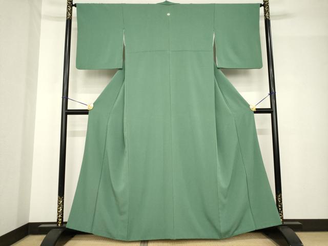 平和屋着物●色無地 柳煤竹色 鬼しぼ縮緬 洗える着物 AABH5839ck