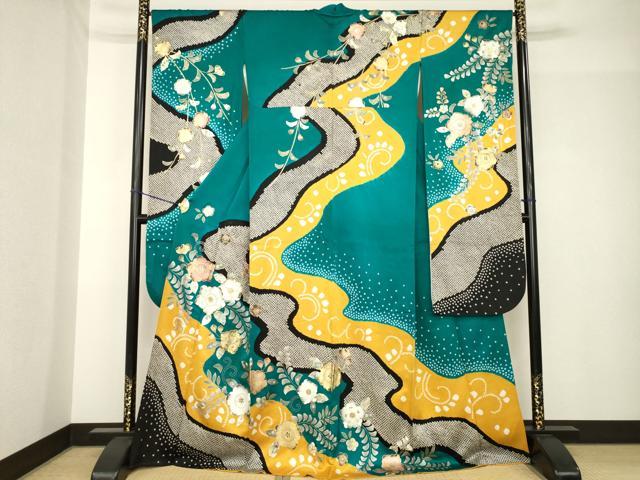 平和屋着物●豪華振袖 辻が花 駒刺繍 絞り 流水花文 金彩 正絹 逸品 AABH5850ck