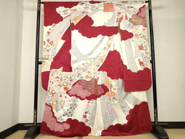 平和屋着物●豪華振袖 友禅 駒刺繍 絞り 短冊鳳凰花文 金彩 正絹 逸品 AABH5860ck