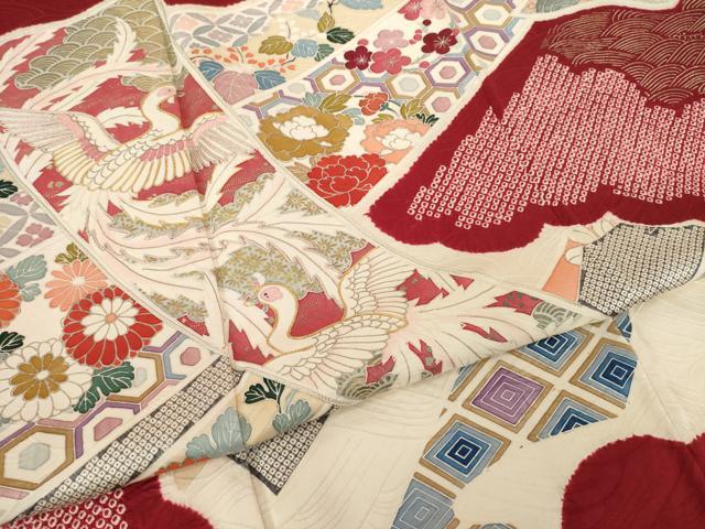 平和屋着物●豪華振袖 友禅 駒刺繍 絞り 短冊鳳凰花文 金彩 正絹 逸品 AABH5860ck