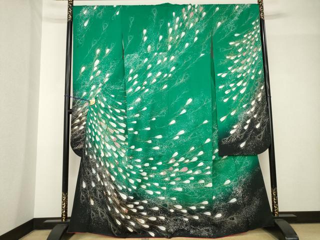 平和屋着物●写真家・秋山庄太郎 振袖 駒刺繍 孔雀羽文 暈し染め 正絹 逸品 AABH5882ck