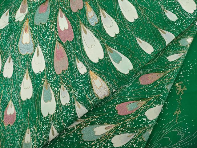 平和屋着物●写真家・秋山庄太郎 振袖 駒刺繍 孔雀羽文 暈し染め 正絹 逸品 AABH5882ck