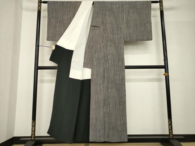平和屋着物●上質な小紋 よろけ縞 黒地 正絹 逸品 AABH5915ck