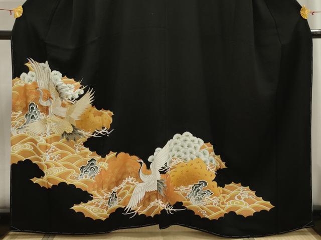 平和屋着物■豪華黒留袖 刺繍 雲取り飛鶴浜松文 金銀糸 金彩 正絹 逸品 AABH5987sx
