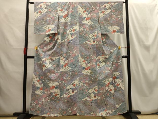 平和屋着物▽上質な小紋　単衣　流水花蝶文　正絹　逸品　AABE6191sx 平和屋着物□上質な小紋 絵霞花蝶文 金彩 正絹 逸品 CABG6805xiの通販
