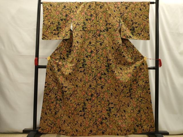 平和屋着物▽上質な小紋　単衣　枝花文　正絹　逸品　AAAV2635fy 平和屋着物□上質な小紋 絞り 枝花文 黒地 正絹 逸品 CABF9883ev