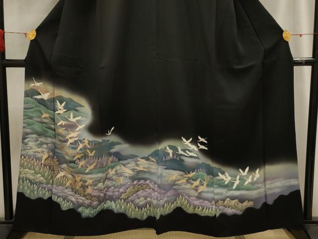 平和屋着物■豪華黒留袖 飛鶴風景文 暈し染め 金銀彩 正絹 逸品 AABH6098sx