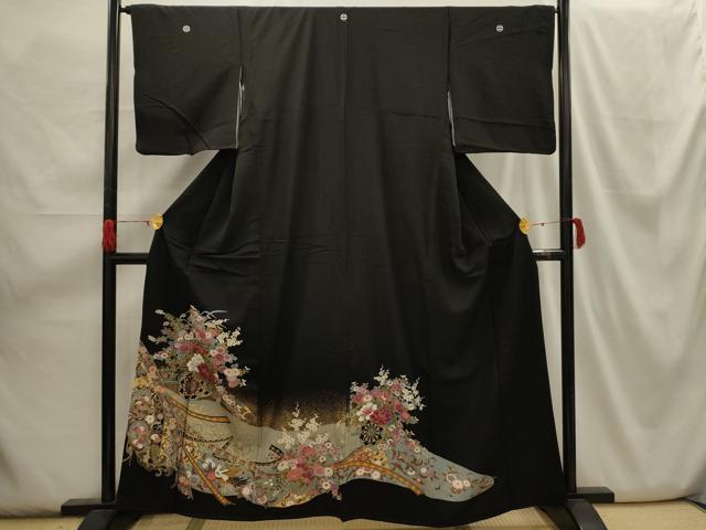 平和屋着物■豪華黒留袖 鬘帯花鳥文 金彩 正絹 逸品 AABH6126sx