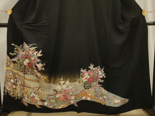 平和屋着物■豪華黒留袖 鬘帯花鳥文 金彩 正絹 逸品 AABH6126sx