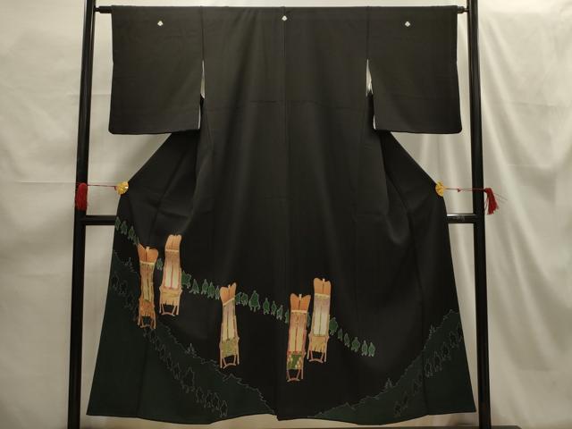 平和屋着物■豪華黒留袖 駒刺繍 大名行列 金彩 正絹 逸品 AABH6128sx