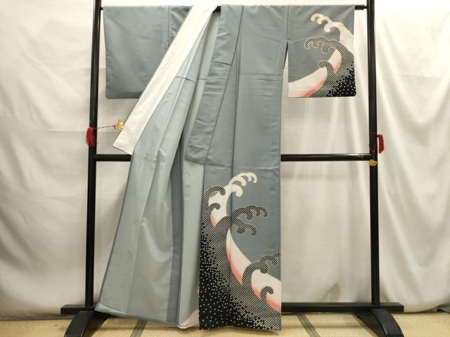 平和屋着物▽訪問着 単衣 立波文 暈し染め 金彩 洗える着物 AABH6156sx