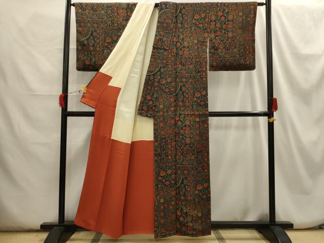 平和屋着物■上質な小紋 更紗花文 鬼しぼ縮緬 正絹 逸品 AABH6189sx