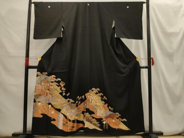 平和屋着物■豪華黒留袖 駒刺繍 松竹梅御所車風景文 金彩 正絹 逸品 AABH6205sx