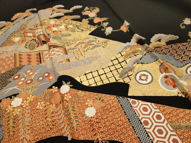 平和屋着物■豪華黒留袖 駒刺繍 松竹梅御所車風景文 金彩 正絹 逸品 AABH6205sx