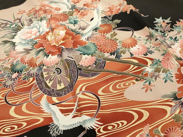 平和屋着物■豪華黒留袖 駒刺繍 流水飛鶴花車文 金彩 正絹 逸品 AABH6242sx