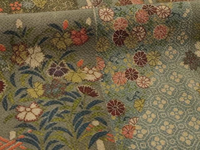 平和屋着物■上質な小紋 市松花文 鬼しぼ縮緬 正絹 逸品 AABH6258sx