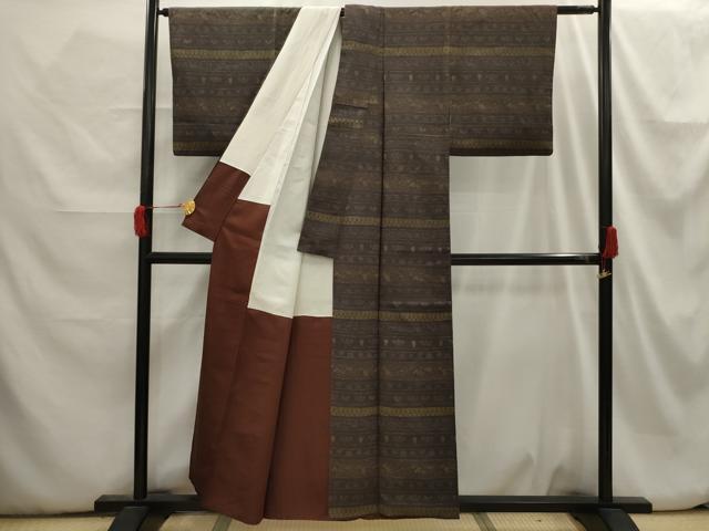 平和屋着物■上質な小紋 紬地 横段花鳥文 正絹 逸品 AABH6269sx