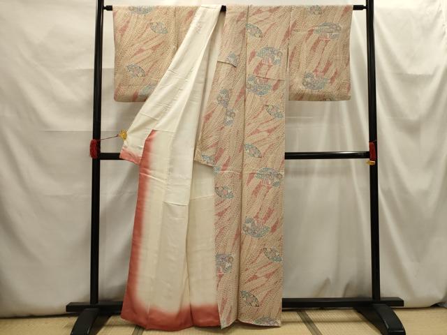 平和屋着物■上質な小紋 扇面吉祥花文 鬼しぼ縮緬 正絹 逸品 AABH6309sx