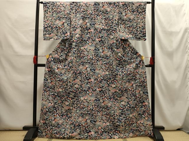 平和屋着物▽上質な小紋　単衣　型染め　風景松竹梅文　正絹　逸品　AABG7012jh 平和屋着物▽上質な小紋 単衣 型染め 風景花文 鬼しぼ縮緬 やまと誂製