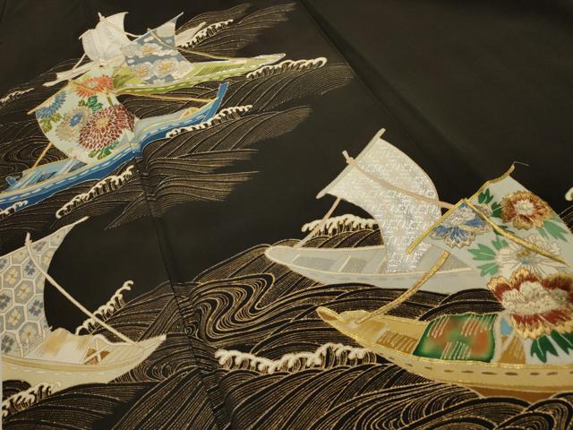平和屋着物■豪華黒留袖 駒刺繍 舟 金銀彩 正絹 逸品 AABH6328sx