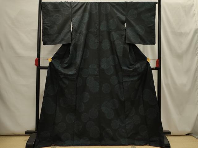 平和屋着物■上質な紬 源氏車文 黒地 ロング丈 正絹 逸品 AABH6358sx