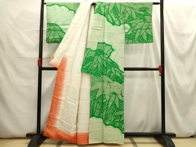 平和屋着物■訪問着 駒刺繍 絞り 笹の葉文 正絹 逸品 AABH6363sx