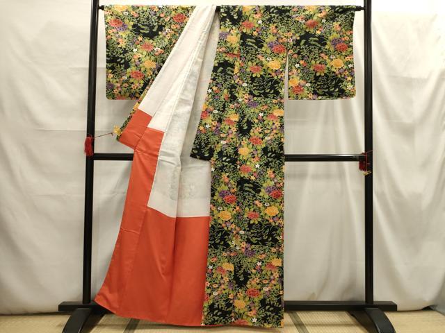 平和屋着物■小紋 草花文 黒地 洗える着物 AABH6398sx