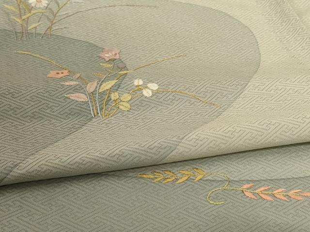 平和屋着物*夏物 訪問着 変わり縞 刺繍 流水草花文 正絹 逸品 AABH6421jd