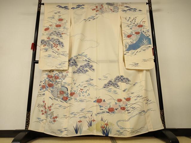 平和屋着物*夏物 振袖 絽 駒刺繍 風景草花文 銀彩 正絹 逸品 AABH6436jd