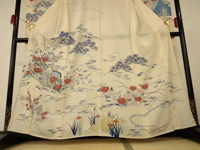 平和屋着物*夏物 振袖 絽 駒刺繍 風景草花文 銀彩 正絹 逸品 AABH6436jd