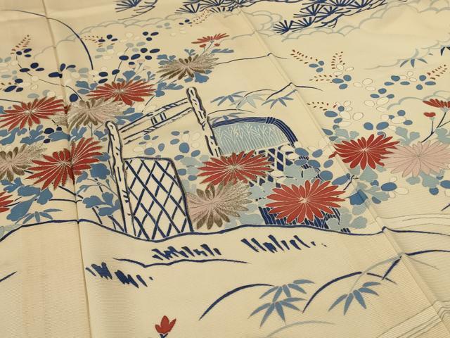 平和屋着物*夏物 振袖 絽 駒刺繍 風景草花文 銀彩 正絹 逸品 AABH6436jd
