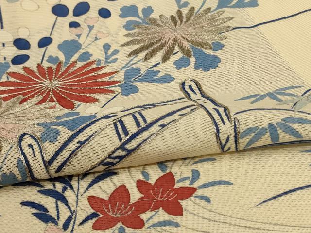 平和屋着物*夏物 振袖 絽 駒刺繍 風景草花文 銀彩 正絹 逸品 AABH6436jd