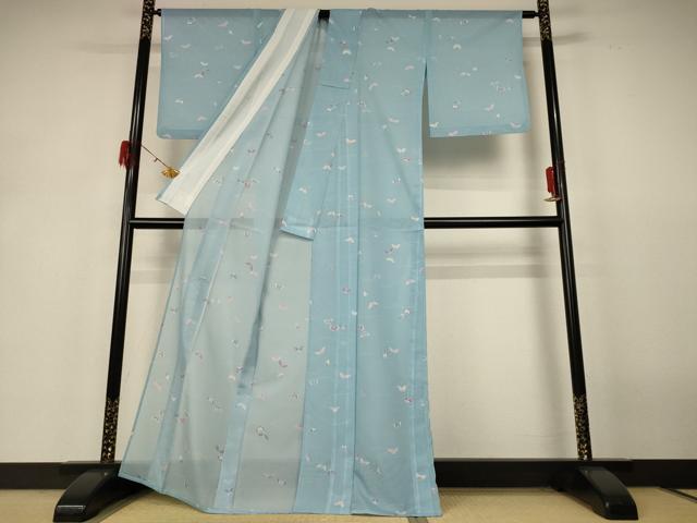 平和屋着物*夏物 小紋 絽 芝舞蝶文 洗える着物 AABH6519jd