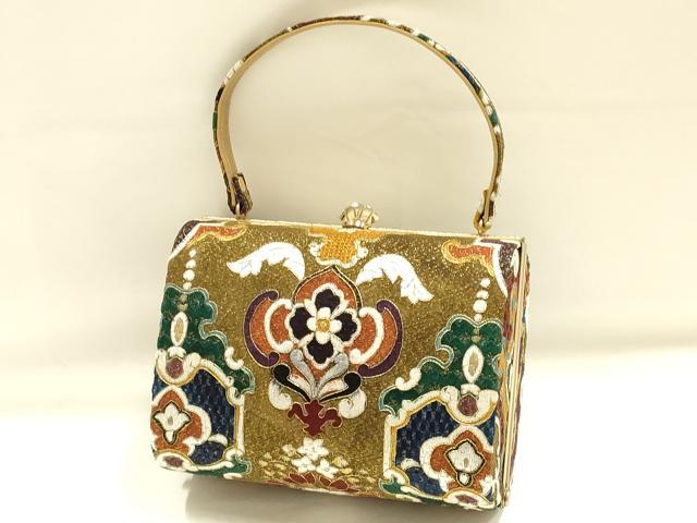 平和屋着物●和装小物 和装バッグ ハンドバッグ 刺繍 帯地使用 金糸 逸品 AABH6625ay