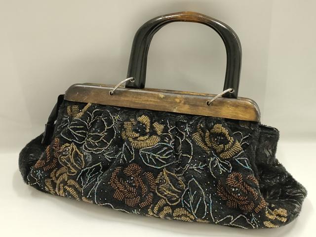 平和屋着物▼和装小物 和装バッグ ハンドバッグ ビーズ 花柄 金彩 木製ハンドル 逸品 AABH6662ay