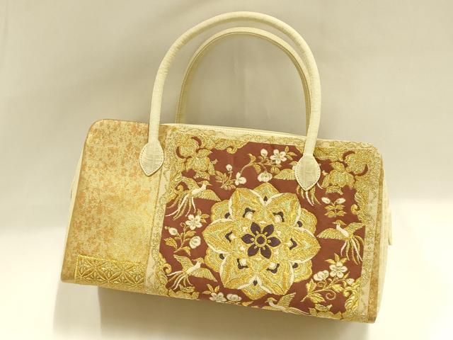 平和屋着物●和装小物 和装バッグ ハンドバッグ 利休バッグ 花鳥文 花喰い鳥 金糸 帯地使用 逸品 AABH6754ay